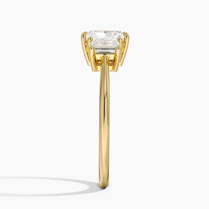 Embrace Three Stone Trapezoid Diamond Ring Yellow Gold 18k Radiant Engagement Ring
