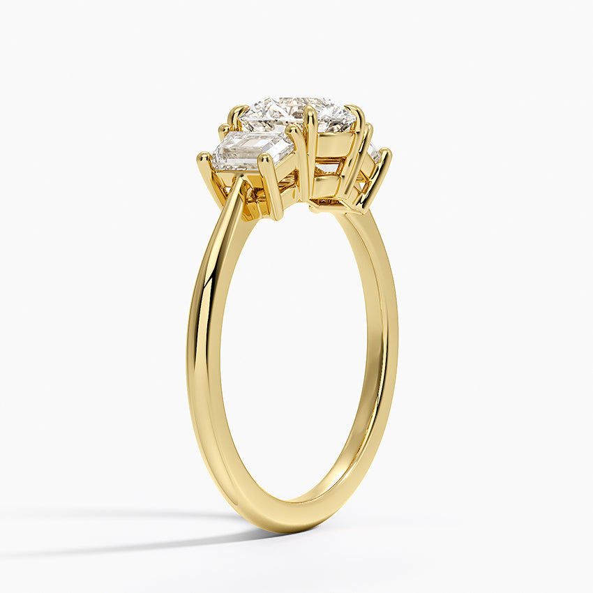 Embrace Three Stone Trapezoid Diamond Ring Yellow Gold 18k Round Engagement Ring