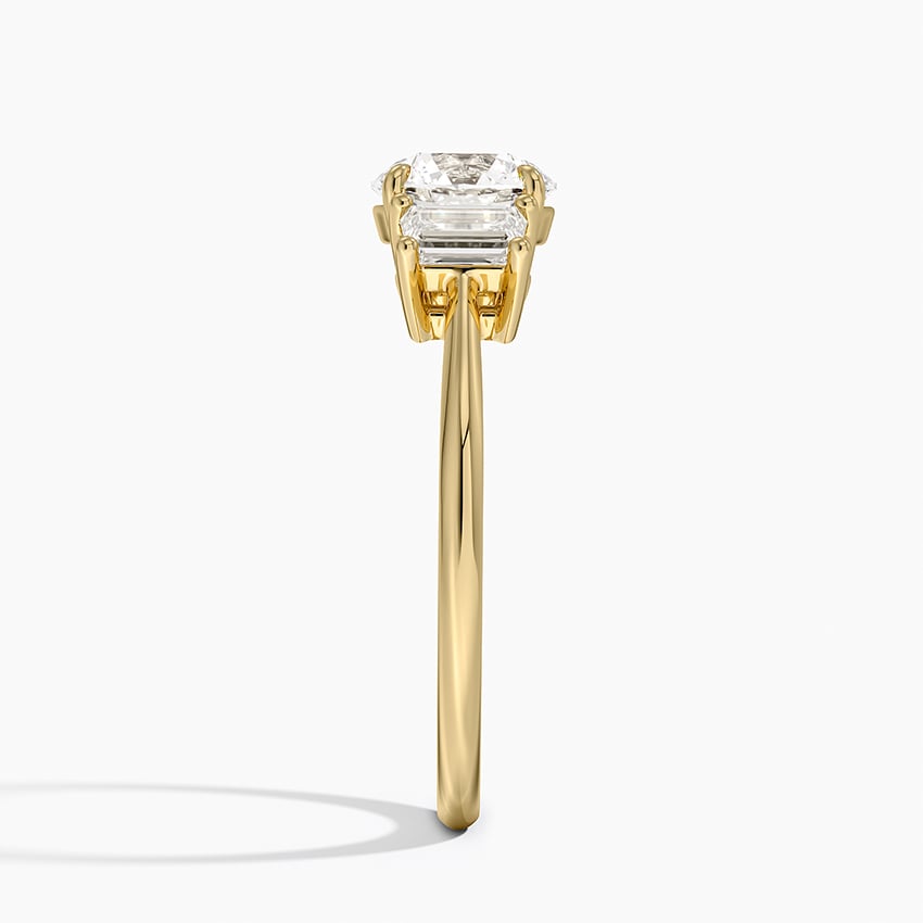 Embrace Three Stone Trapezoid Diamond Ring Yellow Gold 18k Round Engagement Ring