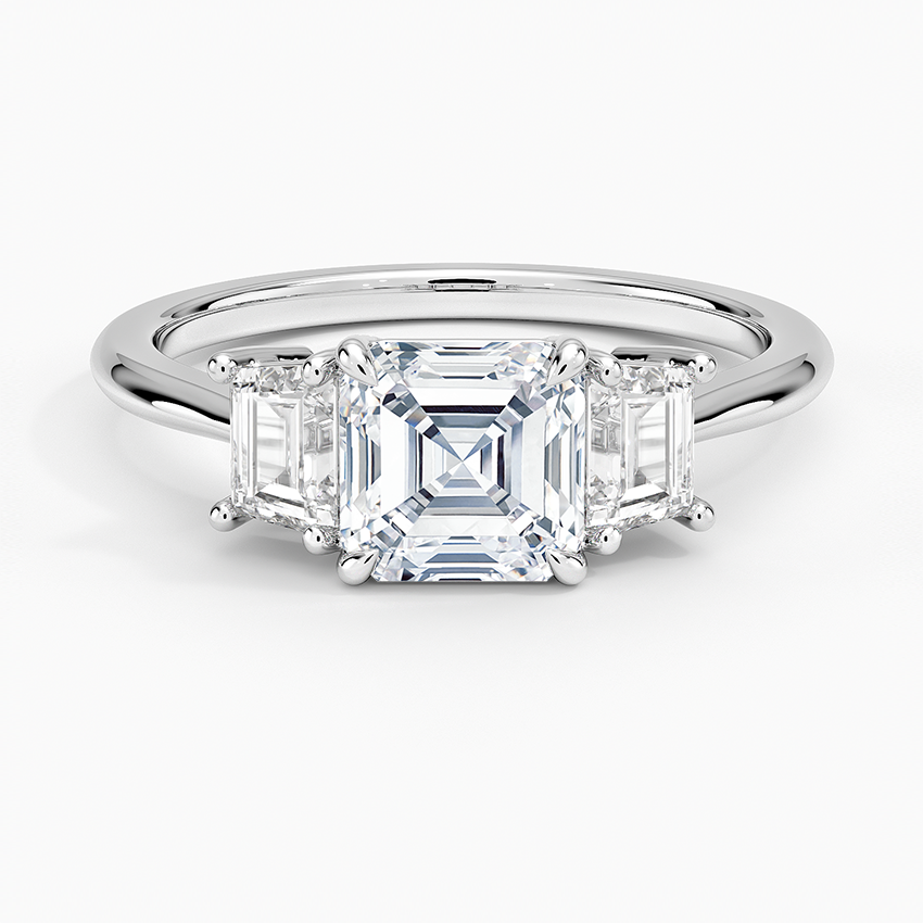 Embrace Three Stone Trapezoid Diamond Ring Platinum Asscher Engagement Ring