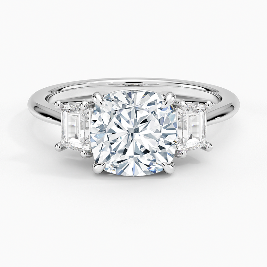 Embrace Three Stone Trapezoid Diamond Ring Platinum Cushion Engagement Ring