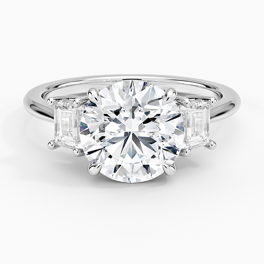 Embrace Three Stone Trapezoid Diamond Ring Platinum Round Engagement Ring