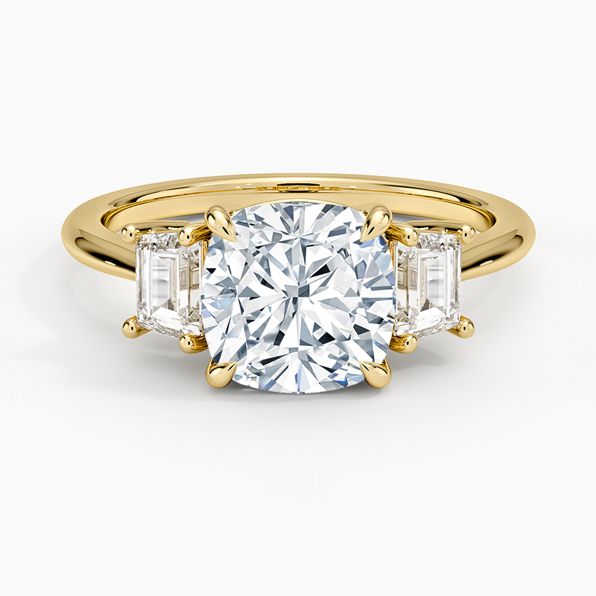 Embrace Three Stone Trapezoid Diamond Ring Yellow Gold 18k Cushion Engagement Ring