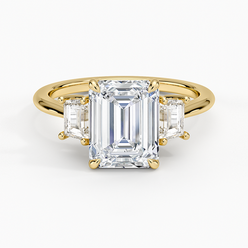 Embrace Three Stone Trapezoid Diamond Ring Yellow Gold 18k Emerald Engagement Ring
