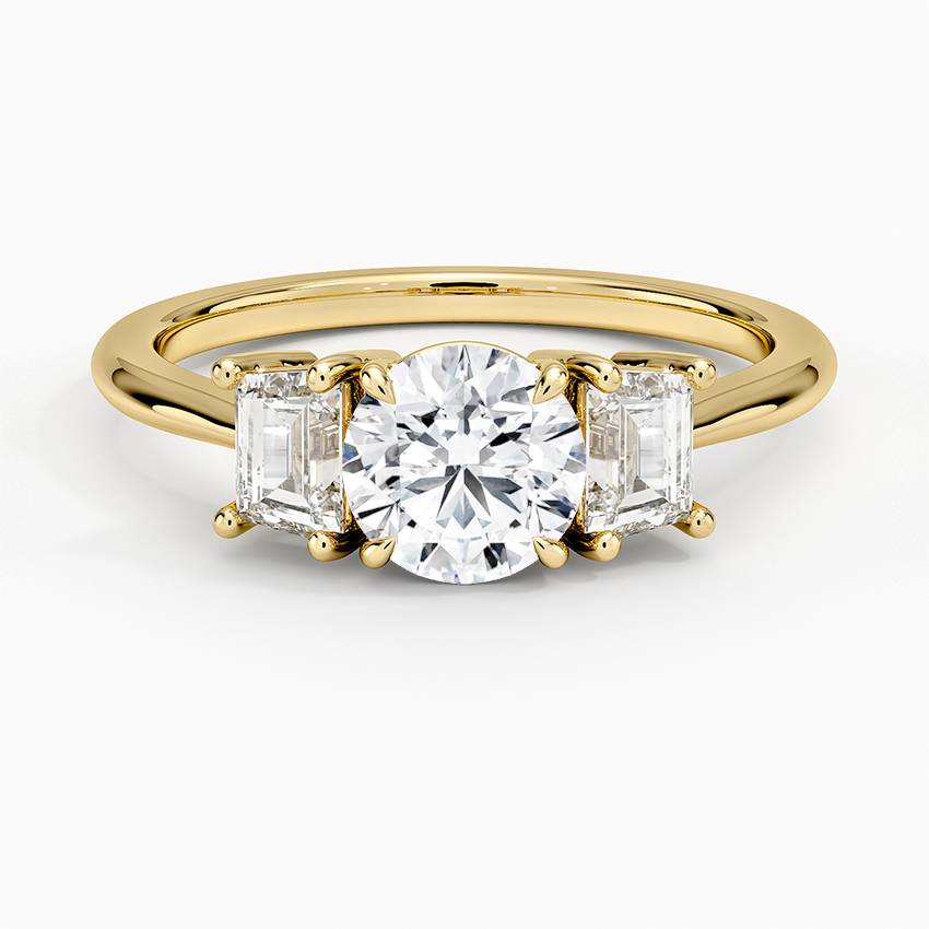 Embrace Three Stone Trapezoid Diamond Ring Yellow Gold 18k Round Engagement Ring