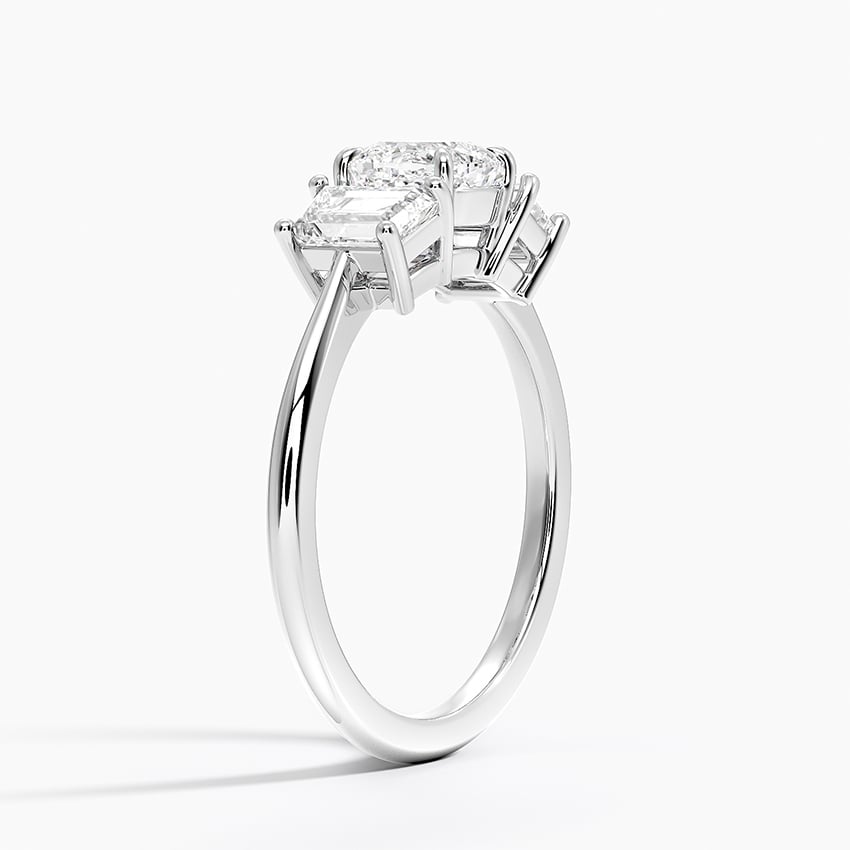 Luxe Embrace Three Stone Trapezoid Diamond Ring Platinum Cushion Engagement Ring
