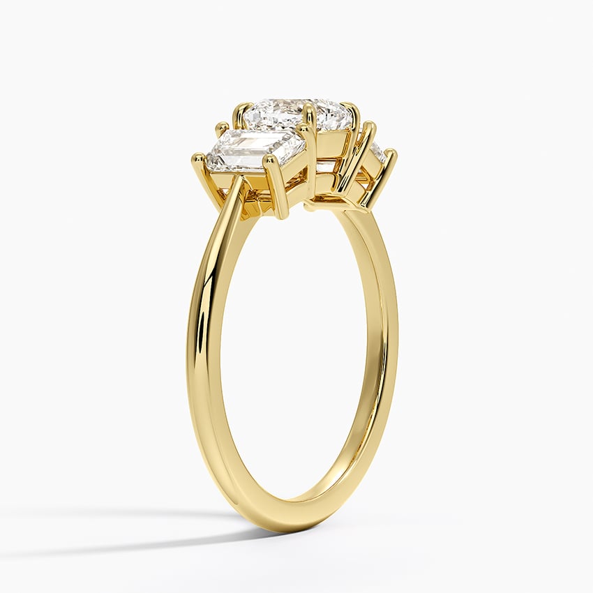 Luxe Embrace Three Stone Trapezoid Diamond Ring Yellow Gold 18k Cushion Engagement Ring