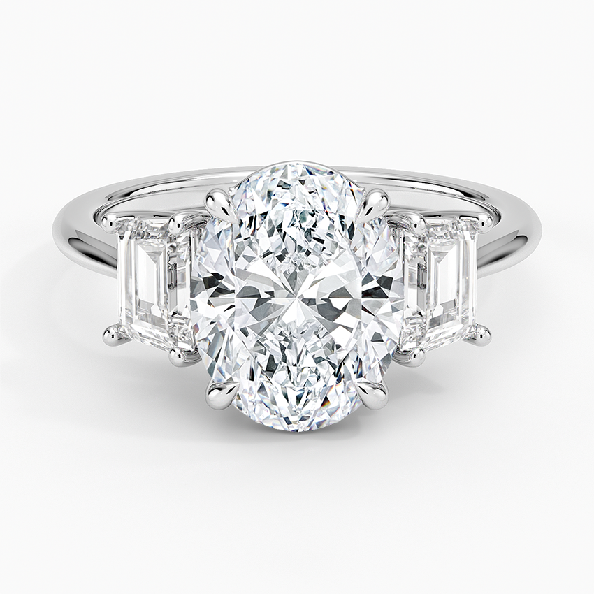 Luxe Embrace Three Stone Trapezoid Diamond Ring Platinum Oval Engagement Ring