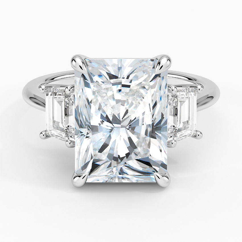 Luxe Embrace Three Stone Trapezoid Diamond Ring Platinum Radiant Engagement Ring