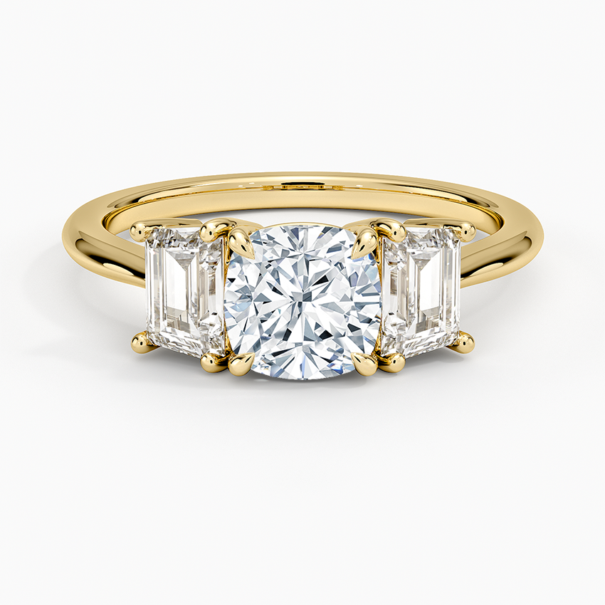 Luxe Embrace Three Stone Trapezoid Diamond Ring Yellow Gold 18k Cushion Engagement Ring