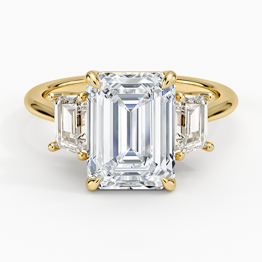 Luxe Embrace Three Stone Trapezoid Diamond Ring Yellow Gold 18k Emerald Engagement Ring