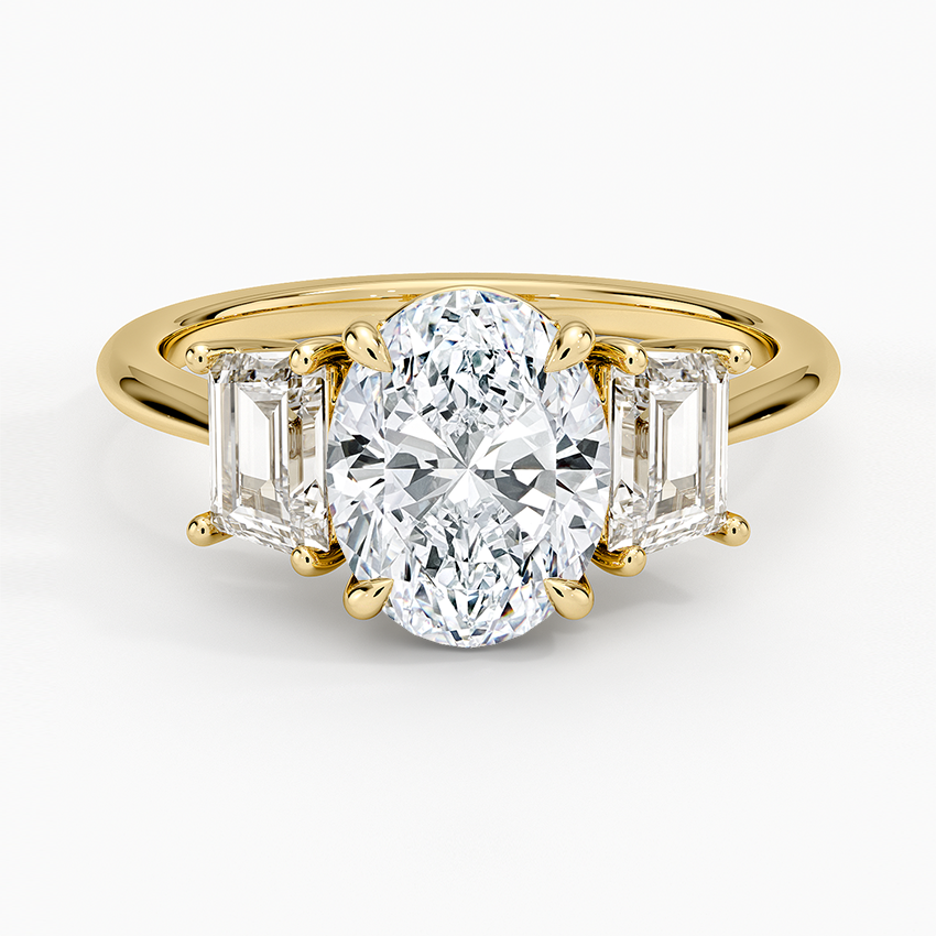 Luxe Embrace Three Stone Trapezoid Diamond Ring Yellow Gold 18k Oval Engagement Ring