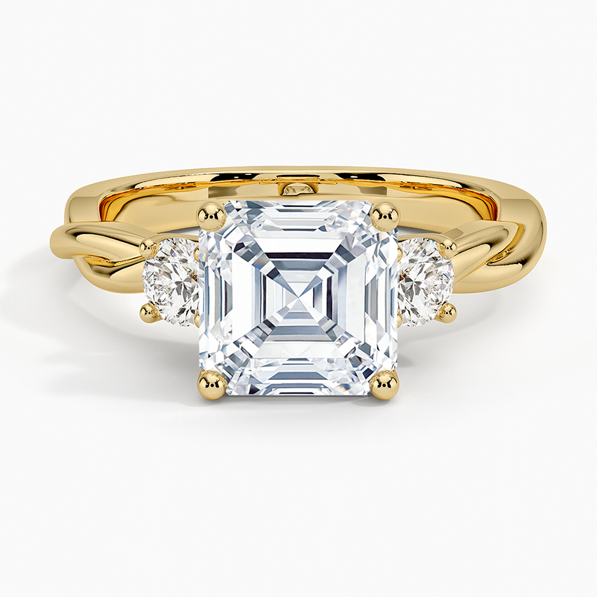 Twisted Vine Three Stone Diamond Ring Yellow Gold 18k Asscher Engagement Ring