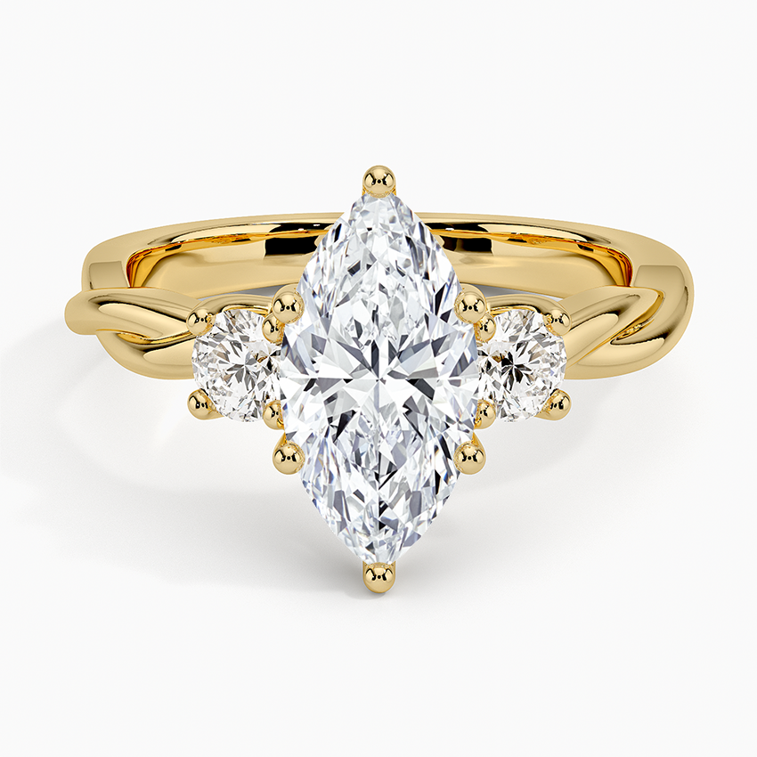 Twisted Vine Three Stone Diamond Ring Yellow Gold 18k Marquise Engagement Ring