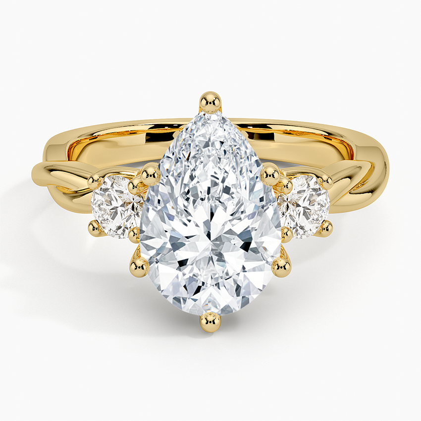 Twisted Vine Three Stone Diamond Ring Yellow Gold 18k Pear Engagement Ring