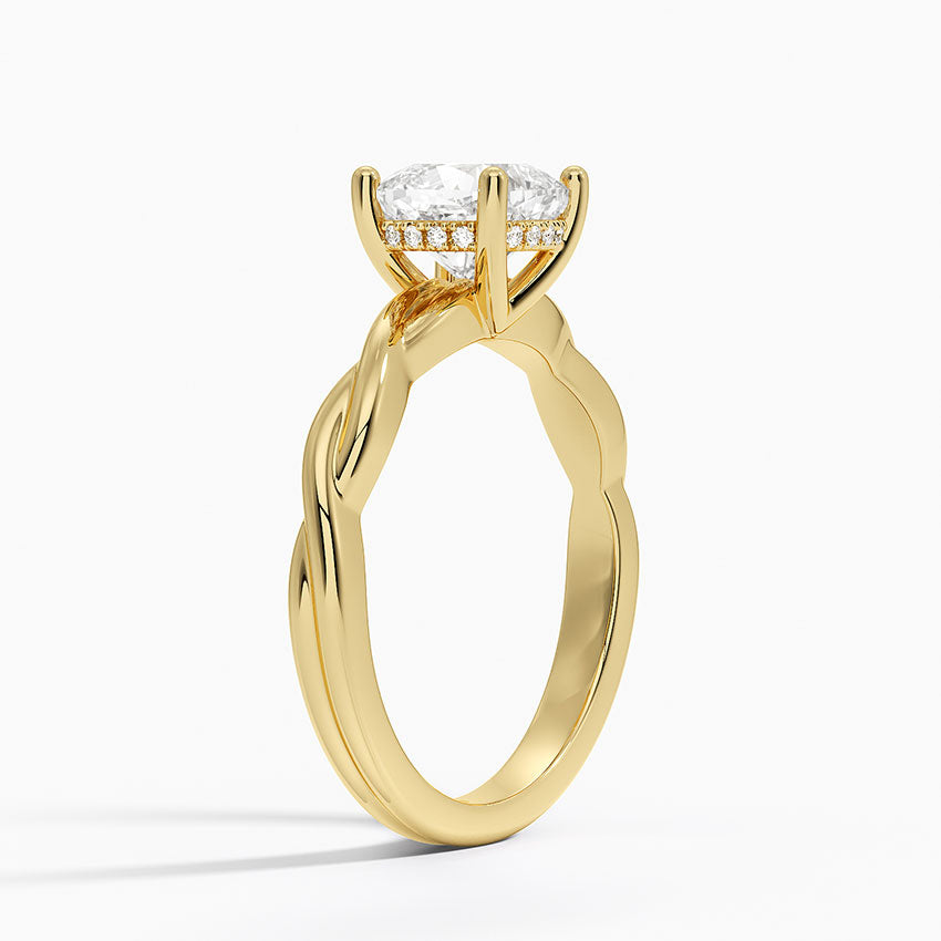 Twisted Vine Hidden Halo Diamond Ring Yellow Gold 18k Cushion Engagement Ring