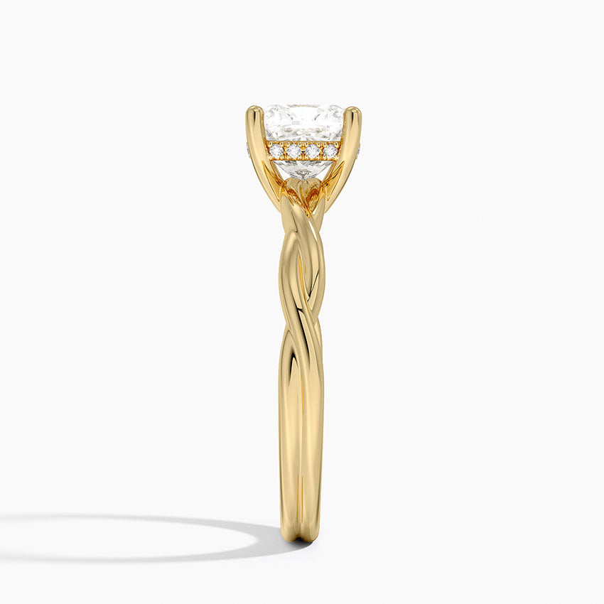 Twisted Vine Hidden Halo Diamond Ring Yellow Gold 18k Cushion Engagement Ring