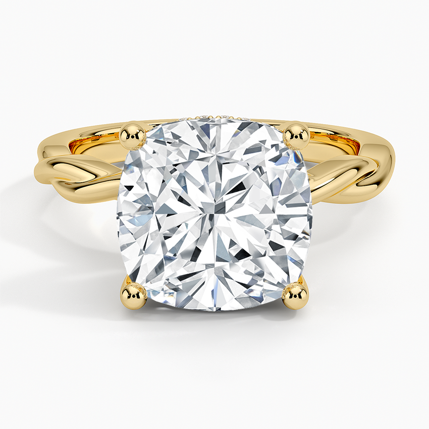 Twisted Vine Hidden Halo Diamond Ring Yellow Gold 18k Cushion Engagement Ring
