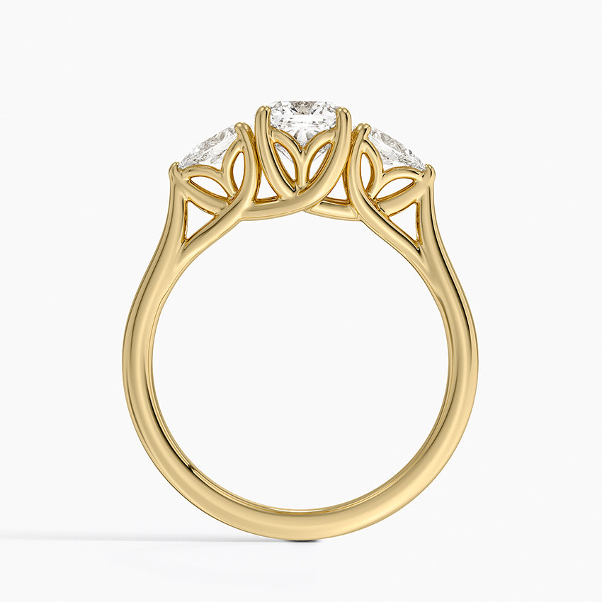 Trellis Three Stone Pear Diamond Ring Yellow Gold 18k Cushion Engagement Ring