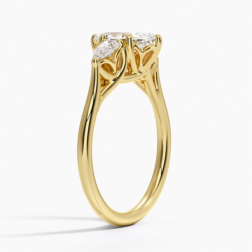 Trellis Three Stone Pear Diamond Ring Yellow Gold 18k Marquise Engagement Ring