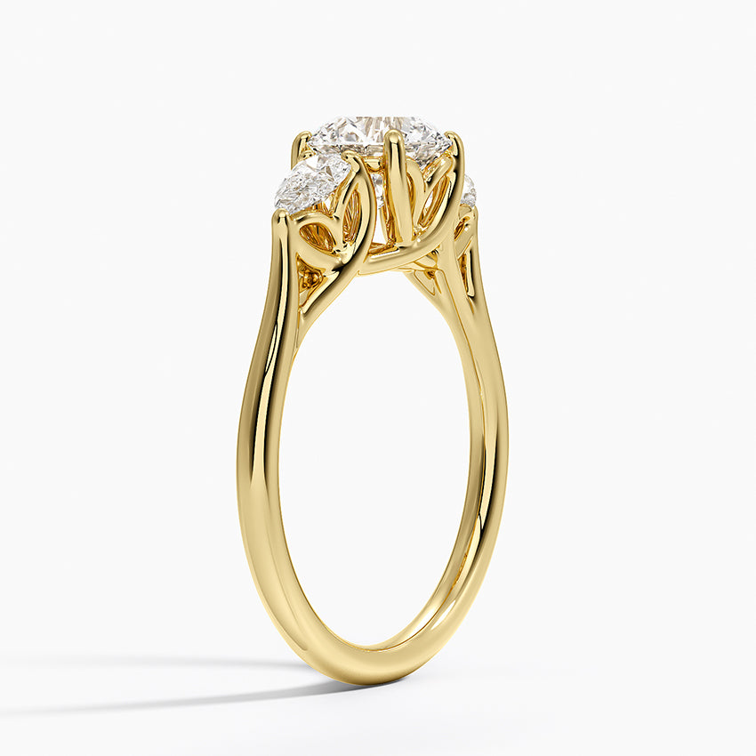 Trellis Three Stone Pear Diamond Ring Yellow Gold 18k Round Engagement Ring