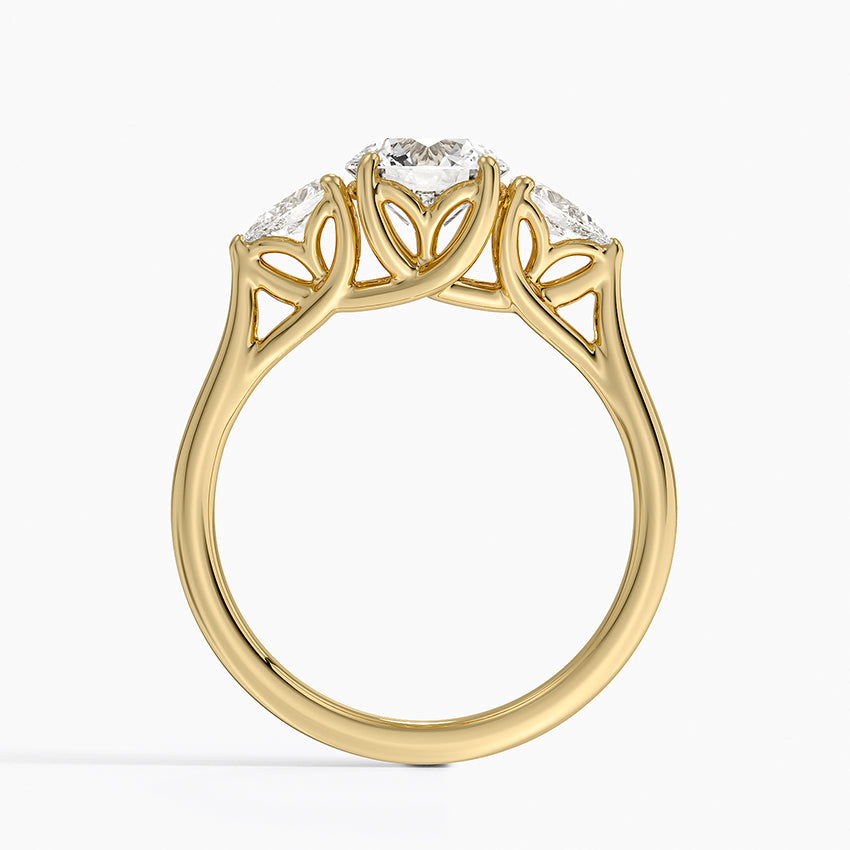 Trellis Three Stone Pear Diamond Ring Yellow Gold 18k Round Engagement Ring