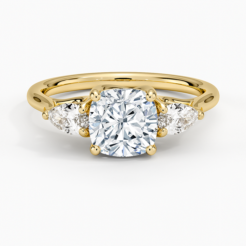 Trellis Three Stone Pear Diamond Ring Yellow Gold 18k Cushion Engagement Ring
