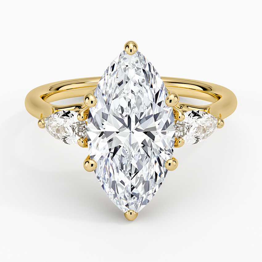 Trellis Three Stone Pear Diamond Ring Yellow Gold 18k Marquise Engagement Ring