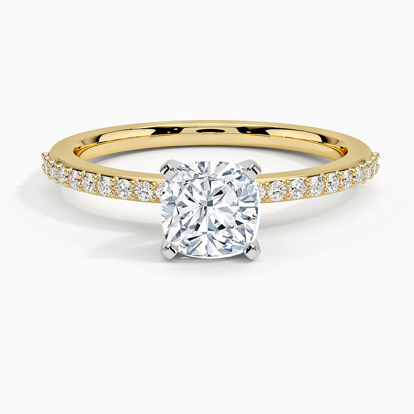 Delicate Shared Prong Diamond Ring Yellow Gold 18k Cushion Engagement Ring
