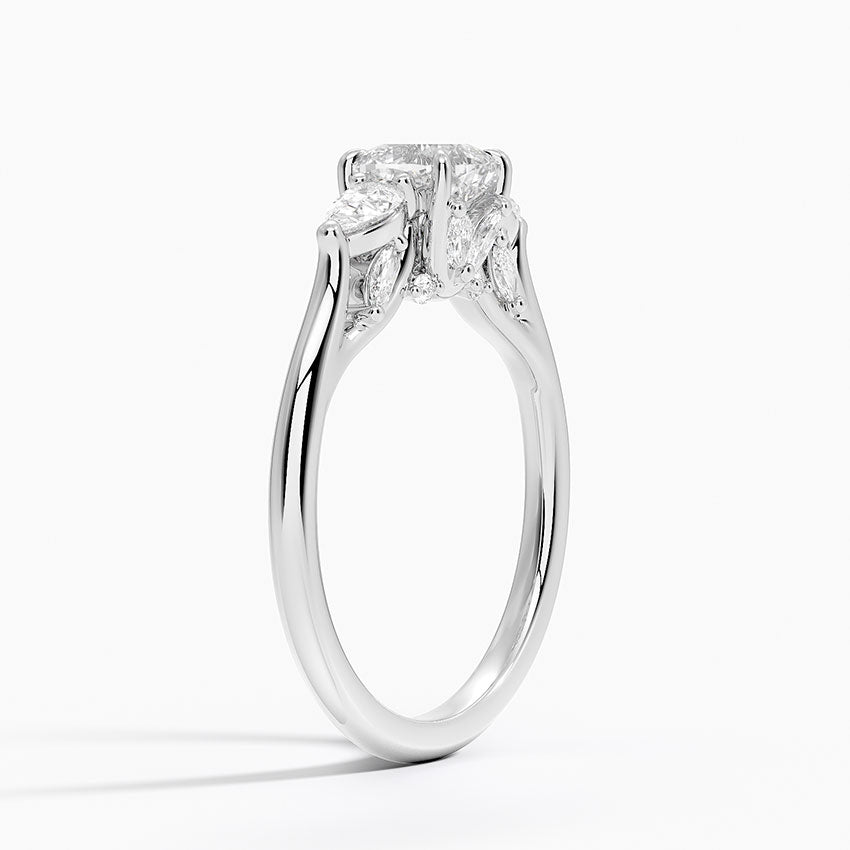 Secret Garden Gallery Three Stone Diamond Ring Platinum Cushion Engagement Ring