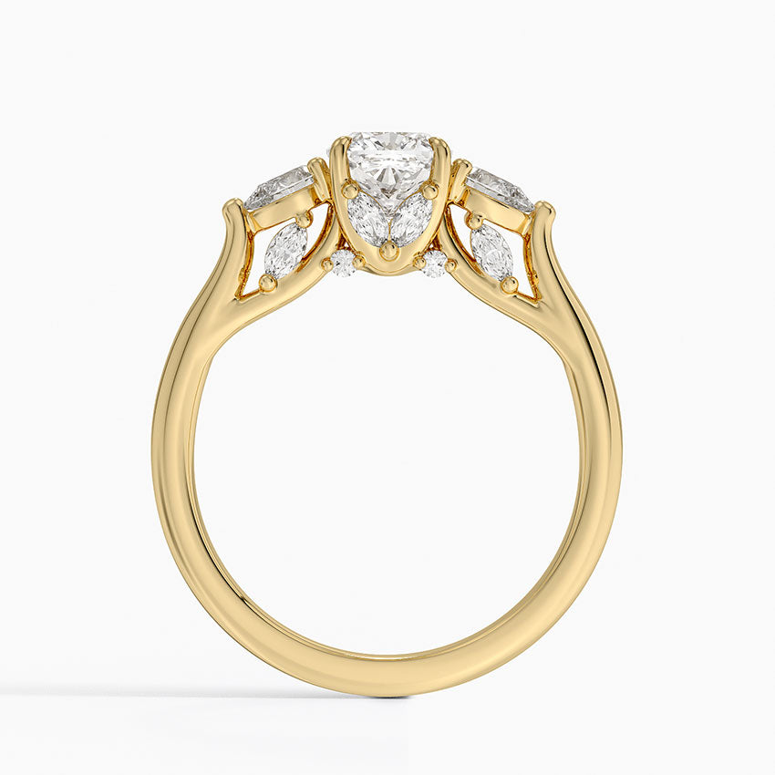 Secret Garden Gallery Three Stone Diamond Ring Yellow Gold 18k Cushion Engagement Ring