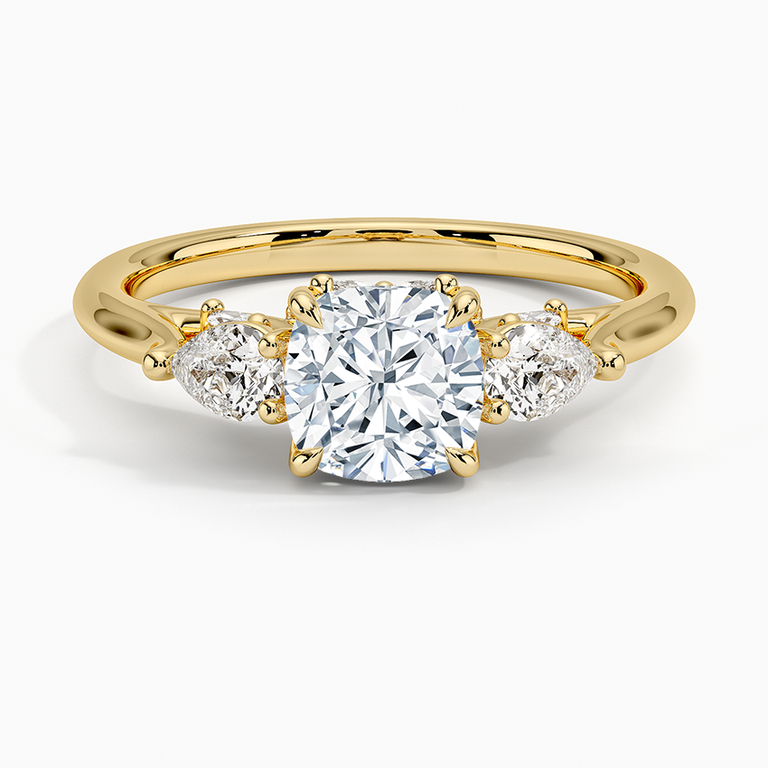 Secret Garden Gallery Three Stone Diamond Ring Yellow Gold 18k Cushion Engagement Ring