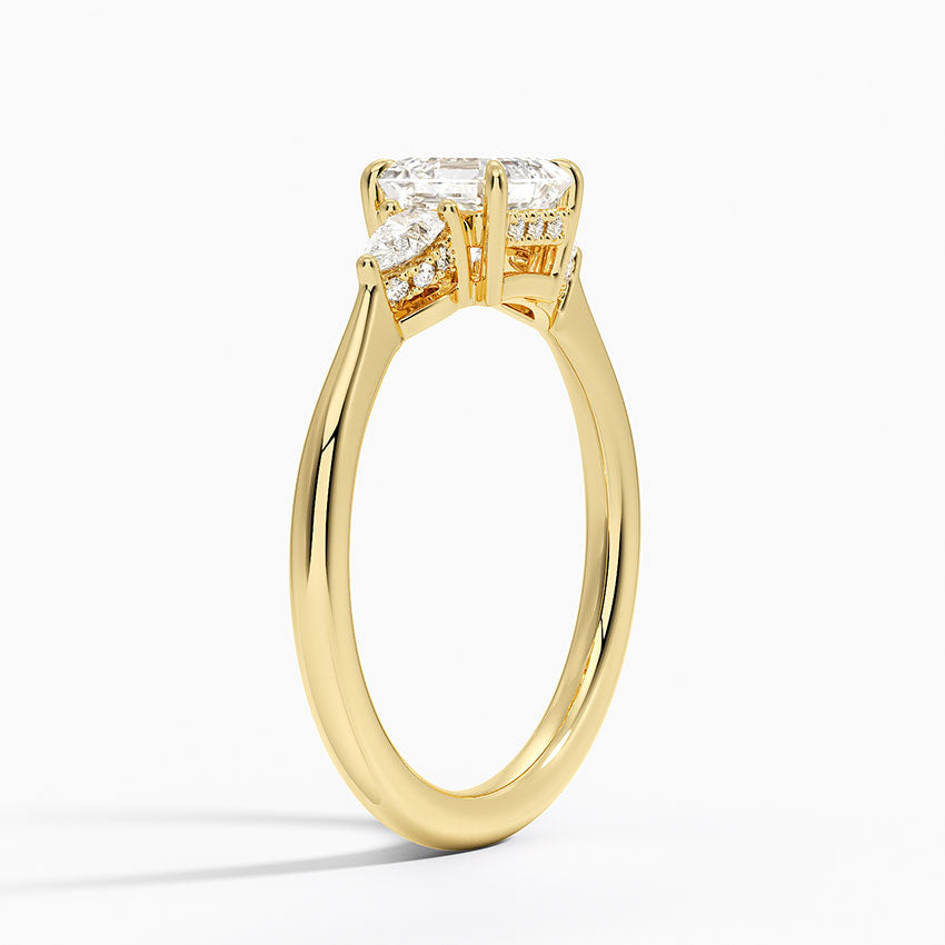 Adorned Petite Opera Three Stone Diamond Ring Yellow Gold 18k Asscher Engagement Ring