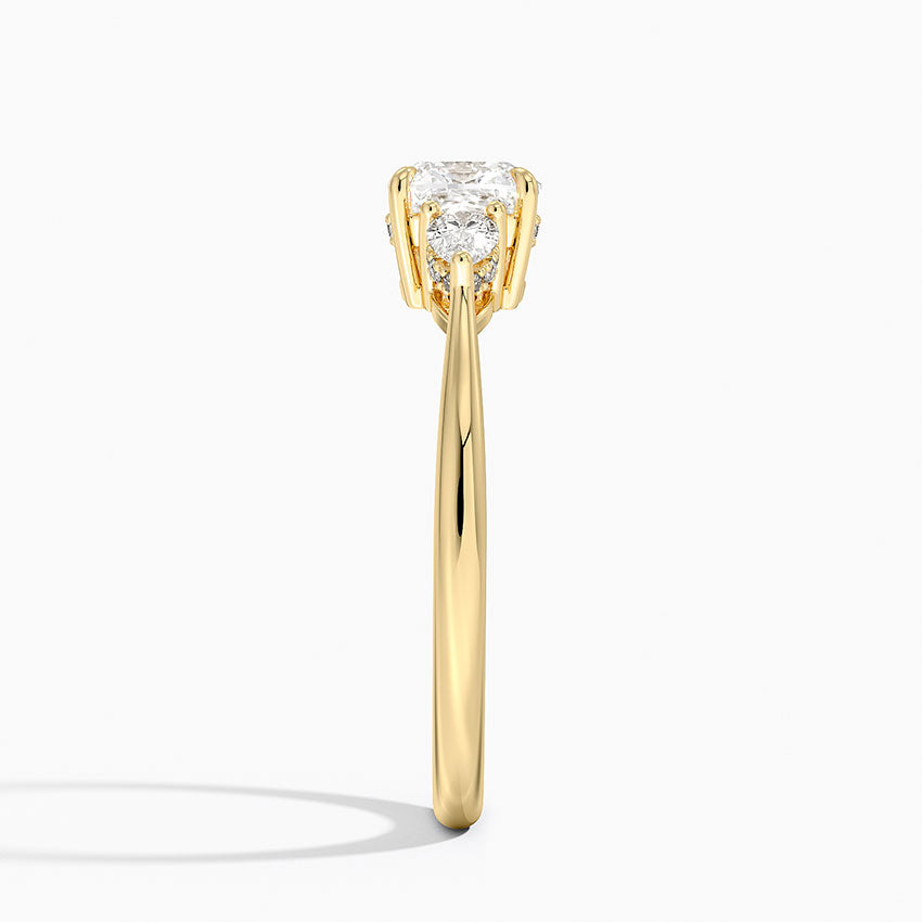 Adorned Petite Opera Three Stone Diamond Ring Yellow Gold 18k Cushion Engagement Ring