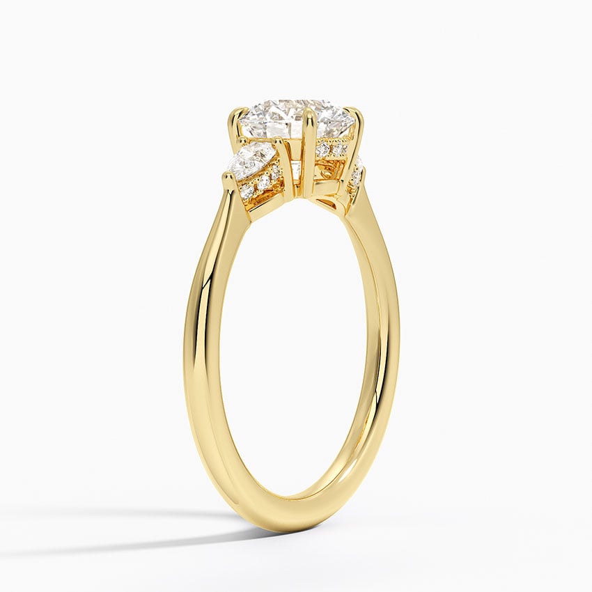 Adorned Petite Opera Three Stone Diamond Ring Yellow Gold 18k Round Engagement Ring