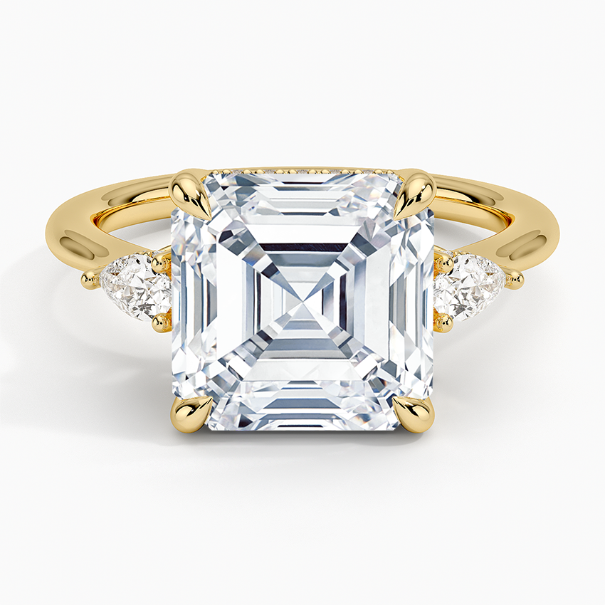 Adorned Petite Opera Three Stone Diamond Ring Yellow Gold 18k Asscher Engagement Ring