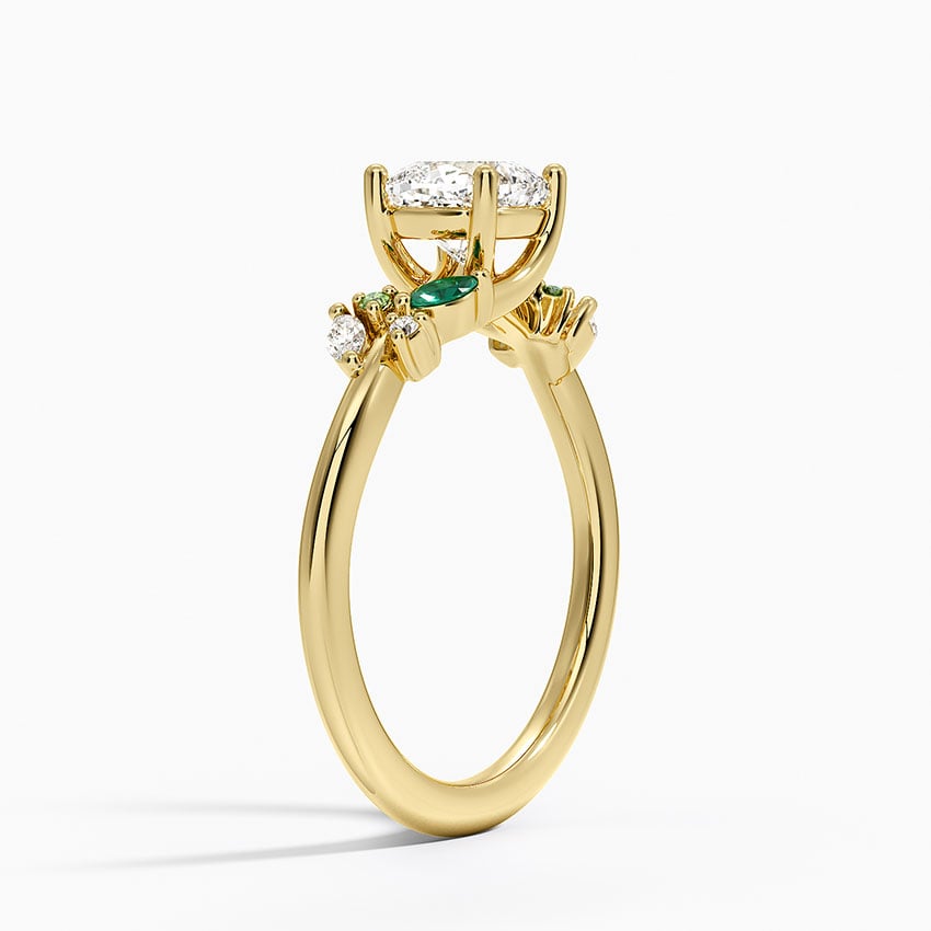 Arden Diamond Ring with Lab Emerald Accents Yellow Gold 18k Cushion Engagement Ring