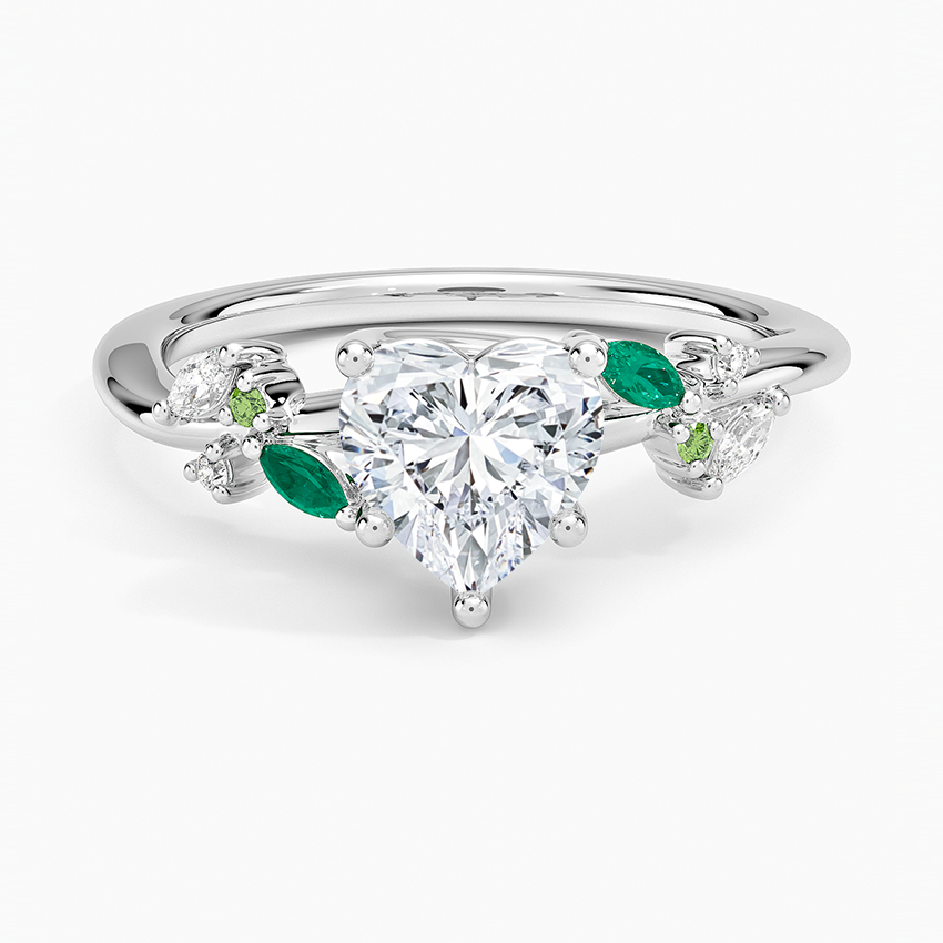 Arden Diamond Ring with Lab Emerald Accents Platinum Heart Engagement Ring