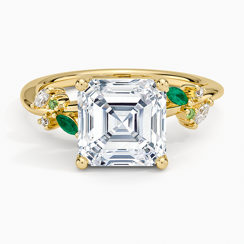 Arden Diamond Ring with Lab Emerald Accents Yellow Gold 18k Asscher Engagement Ring