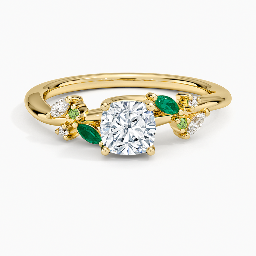 Arden Diamond Ring with Lab Emerald Accents Yellow Gold 18k Cushion Engagement Ring