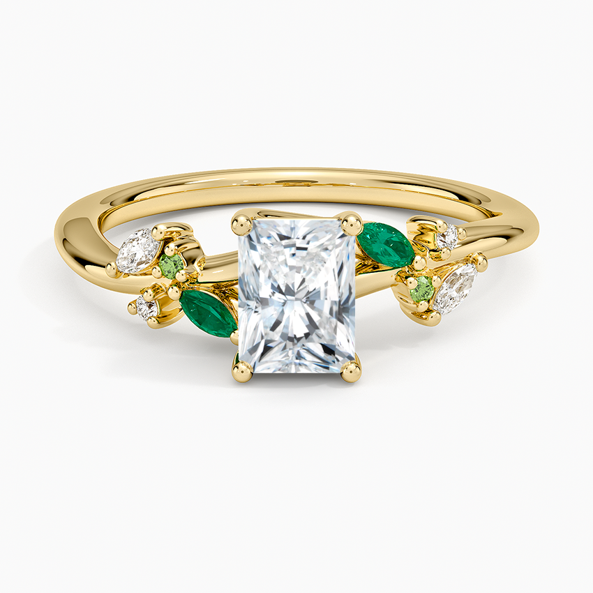 Arden Diamond Ring with Lab Emerald Accents Yellow Gold 18k Radiant Engagement Ring