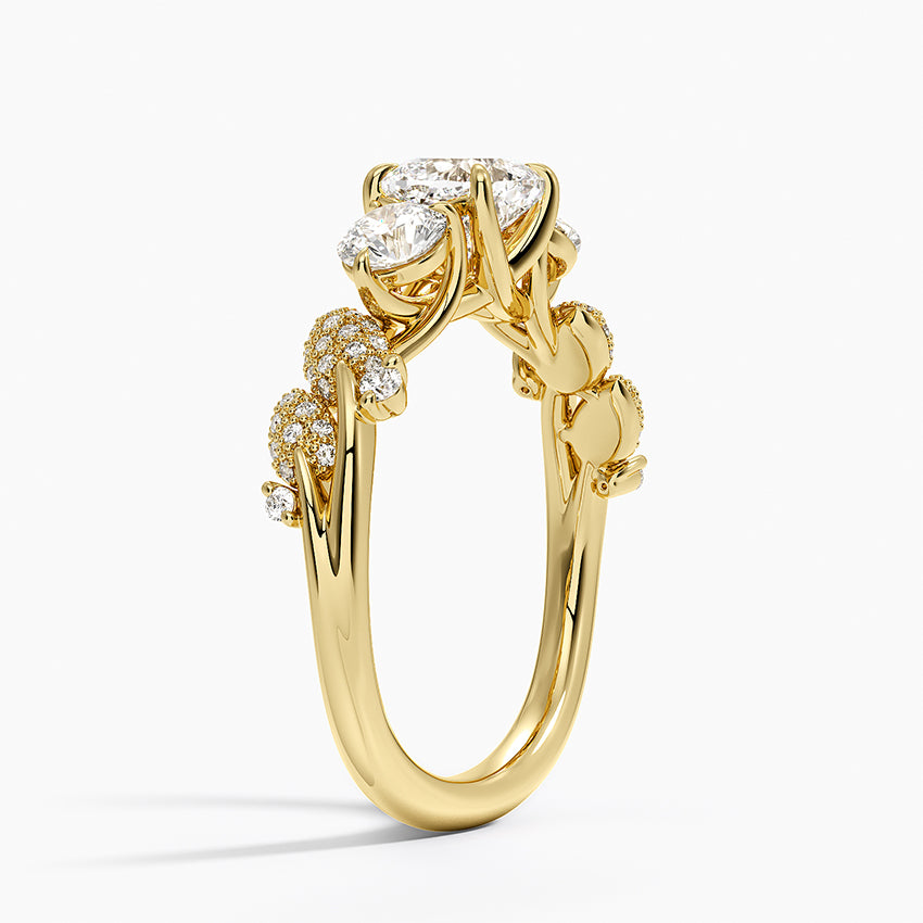Canopy Three Stone Diamond Ring Yellow Gold 18k Cushion Engagement Ring