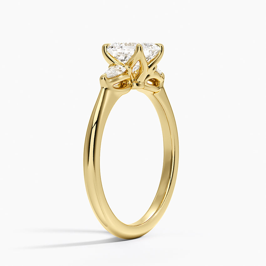 Petite Fleur Three Stone Diamond Ring Yellow Gold 18k Asscher Engagement Ring