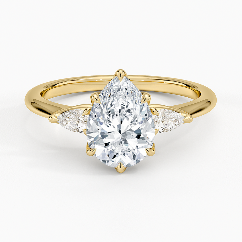 Petite Fleur Three Stone Diamond Ring Yellow Gold 18k Pear Engagement Ring