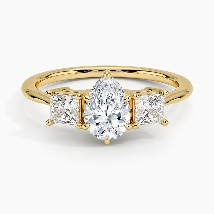 Princess Cut Three Stone Diamond Ring Yellow Gold 18k Pear Engagement Ring