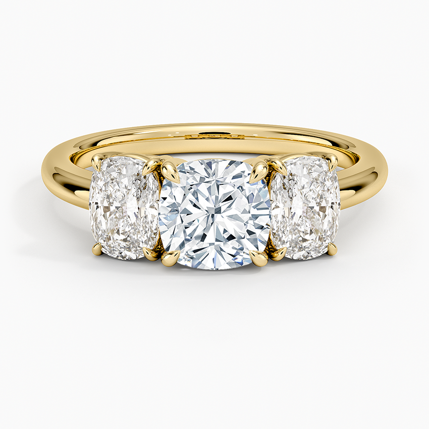 Faye Elongated Cushion Three Stone Diamond Ring Yellow Gold 18k Cushion Engagement Ring