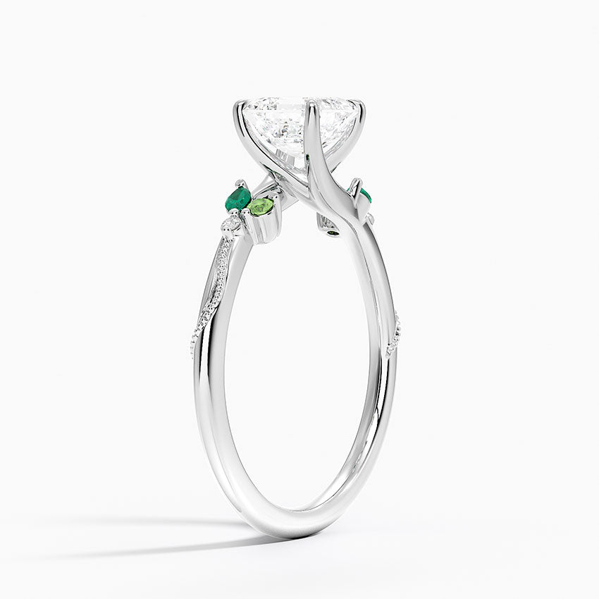 Camellia Milgrain Green Gemstone and Diamond Ring Platinum Asscher Engagement Ring