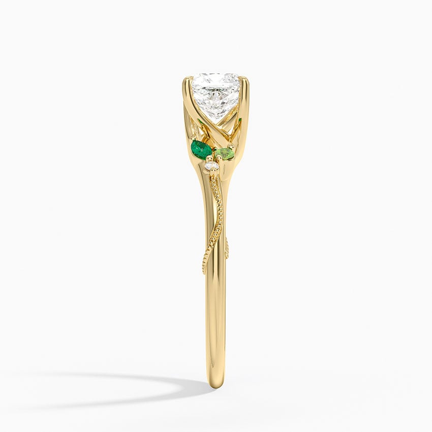 Camellia Milgrain Green Gemstone and Diamond Ring Yellow Gold 18k Cushion Engagement Ring