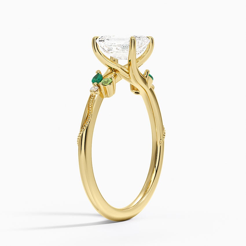 Camellia Milgrain Green Gemstone and Diamond Ring Yellow Gold 18k Emerald Engagement Ring