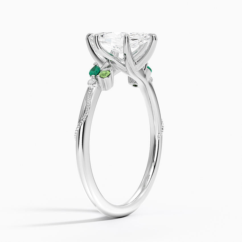 Camellia Milgrain Green Gemstone and Diamond Ring Platinum Marquise Engagement Ring